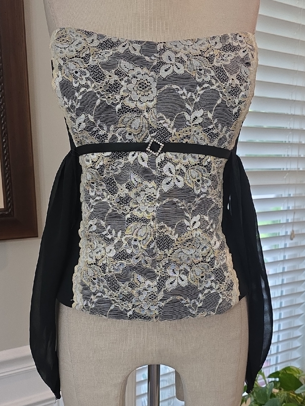 Raylia Designs Black and Ivory Corset Top with Rhinestone Belt